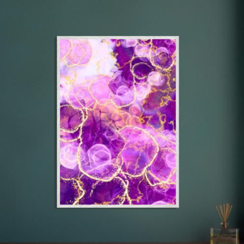 Marmo viola con motivi in oro ( Collezione: Eleganza Astratta ). Con cornice in legno pregiato di vari colori