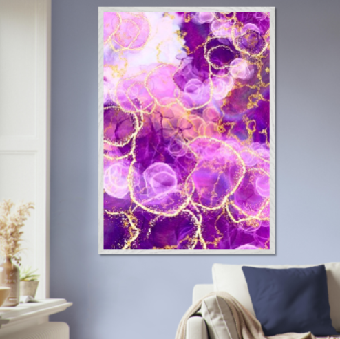 Marmo viola con motivi in oro ( Collezione: Eleganza Astratta ). Con cornice in legno pregiato di vari colori
