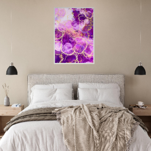 Marmo viola con motivi in oro ( Collezione: Eleganza Astratta ). Con cornice in legno pregiato di vari colori