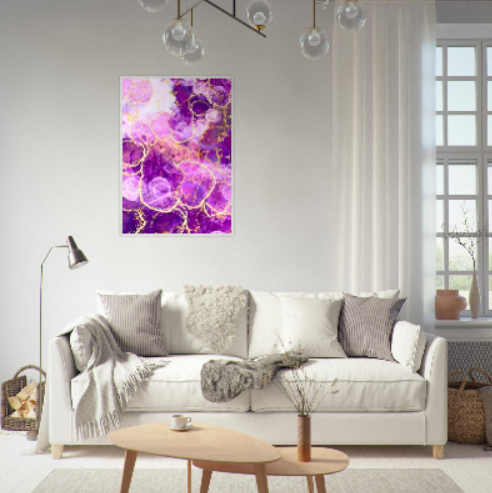 Marmo viola con motivi in oro ( Collezione: Eleganza Astratta ). Con cornice in legno pregiato di vari colori