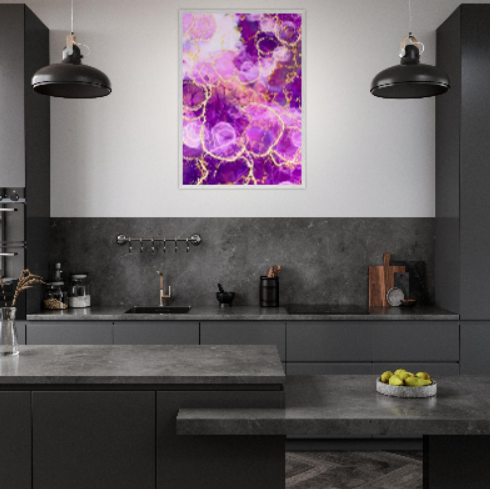 Marmo viola con motivi in oro ( Collezione: Eleganza Astratta ). Con cornice in legno pregiato di vari colori