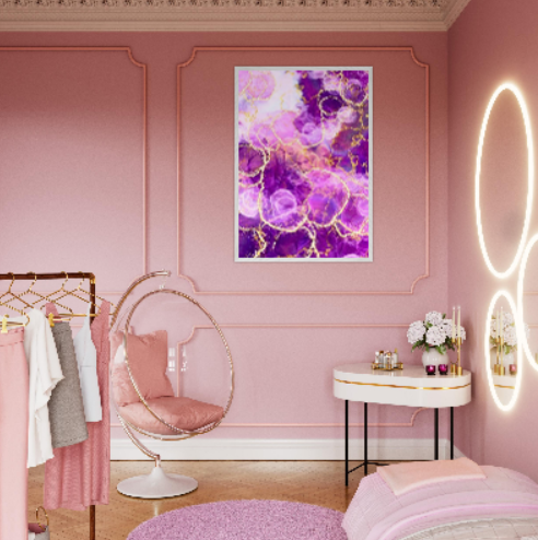 Marmo viola con motivi in oro ( Collezione: Eleganza Astratta ). Con cornice in legno pregiato di vari colori