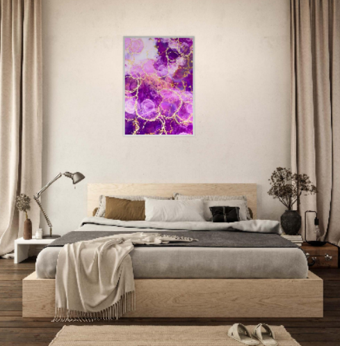 Marmo viola con motivi in oro ( Collezione: Eleganza Astratta ). Con cornice in legno pregiato di vari colori