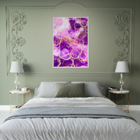 Marmo viola con motivi in oro ( Collezione: Eleganza Astratta ). Con cornice in legno pregiato di vari colori
