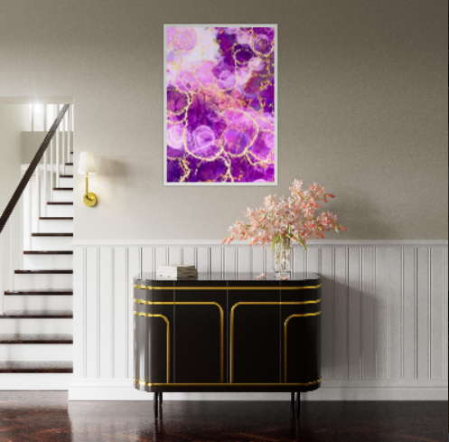 Marmo viola con motivi in oro ( Collezione: Eleganza Astratta ). Con cornice in legno pregiato di vari colori