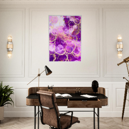 Marmo viola con motivi in oro ( Collezione: Eleganza Astratta ). Con cornice in legno pregiato di vari colori