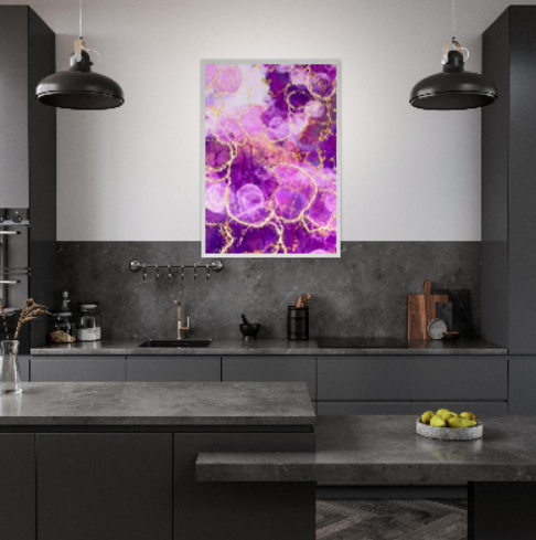 Marmo viola con motivi in oro ( Collezione: Eleganza Astratta ). Con cornice in legno pregiato di vari colori