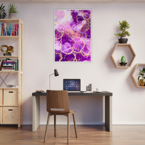 Marmo viola con motivi in oro ( Collezione: Eleganza Astratta ). Con cornice in legno pregiato di vari colori