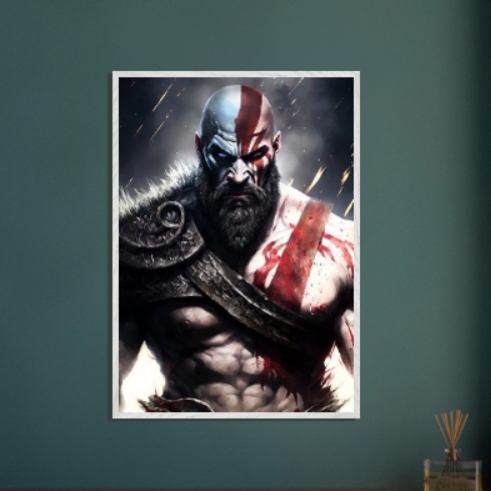 Kratos ( collezione personaggi mitologici - anime ) con cornice in legno pregiato di vari colori.