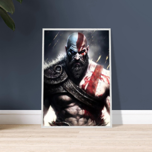 Kratos ( collezione personaggi mitologici - anime ) con cornice in legno pregiato di vari colori.