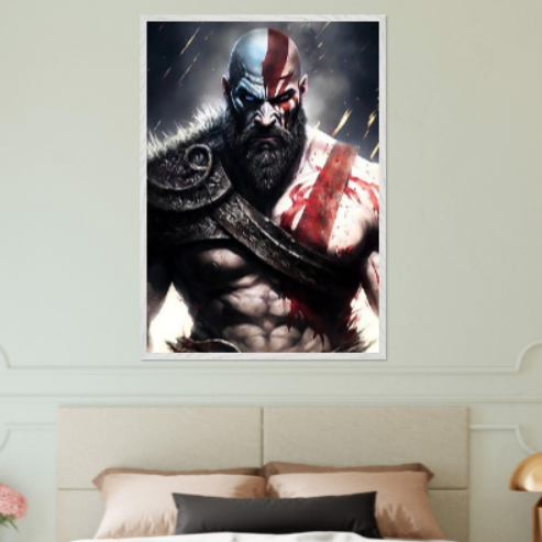 Kratos ( collezione personaggi mitologici - anime ) con cornice in legno pregiato di vari colori.