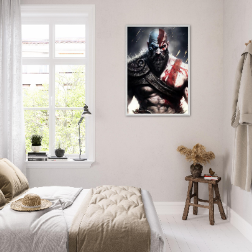 Kratos ( collezione personaggi mitologici - anime ) con cornice in legno pregiato di vari colori.