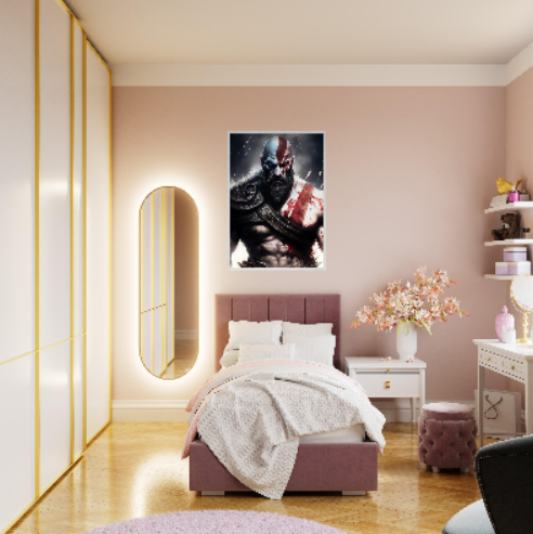 Kratos ( collezione personaggi mitologici - anime ) con cornice in legno pregiato di vari colori.