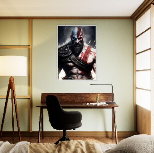 Kratos ( collezione personaggi mitologici - anime ) con cornice in legno pregiato di vari colori.