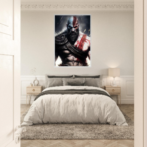 Kratos ( collezione personaggi mitologici - anime ) con cornice in legno pregiato di vari colori.