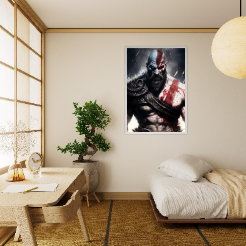 Kratos ( collezione personaggi mitologici - anime ) con cornice in legno pregiato di vari colori.