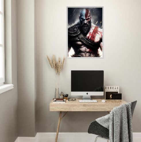Kratos ( collezione personaggi mitologici - anime ) con cornice in legno pregiato di vari colori.