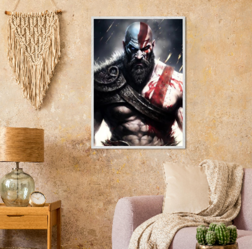 Kratos ( collezione personaggi mitologici - anime ) con cornice in legno pregiato di vari colori.