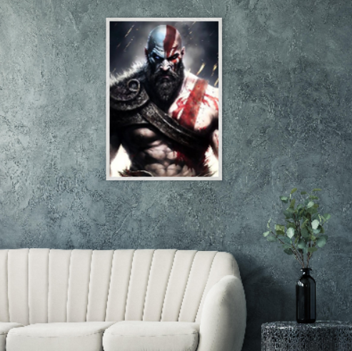 Kratos ( collezione personaggi mitologici - anime ) con cornice in legno pregiato di vari colori.