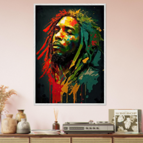 Bob Marley stilizzato ( collezione personaggi famosi ) Con cornice in legno pregiato di vari colori
