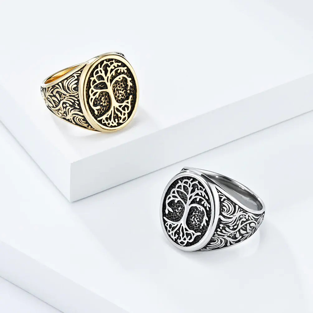 Anello in acciaio e titanio con albero della vita retrò